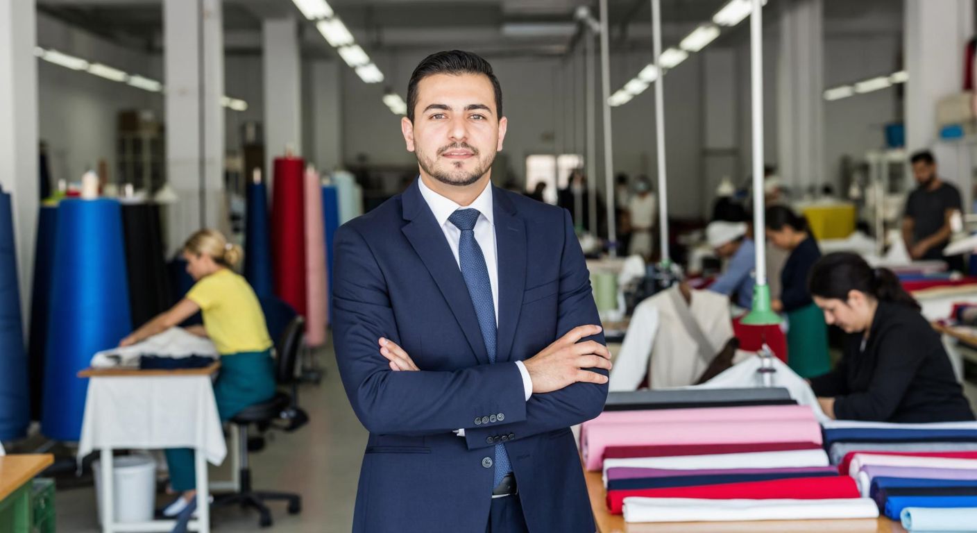 A confident Turkish businessman in a tailored suit stands proudly in a bustling textile factory, surrounded by vibrant rolls of fabric and workers sewing garments.