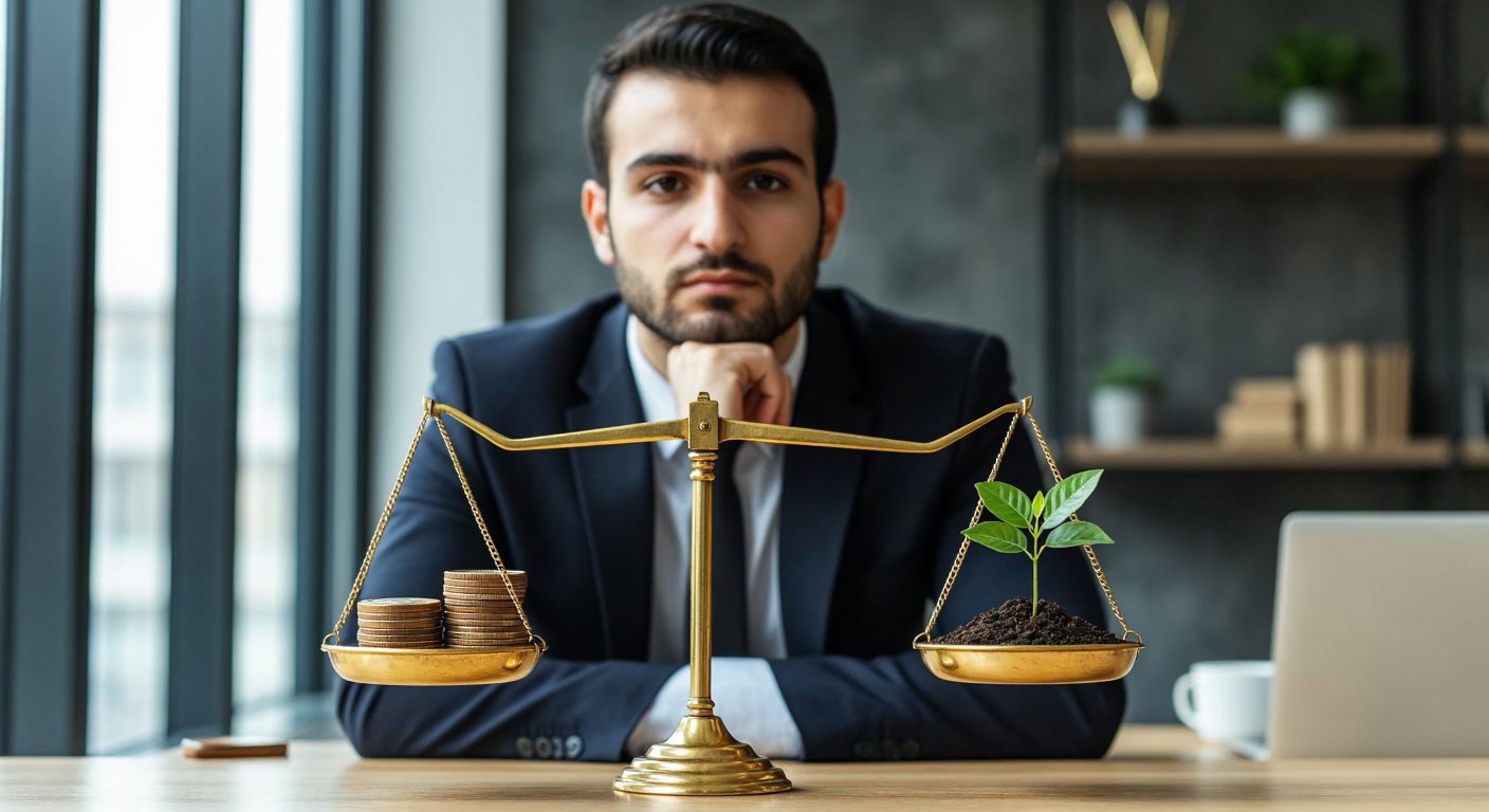 A Turkish businessperson in a modern office gazes thoughtfully at a golden balance scale, where one side holds a stack of lira coins and the other side has a growing sapling, symbolizing the time value of money and investment growth.