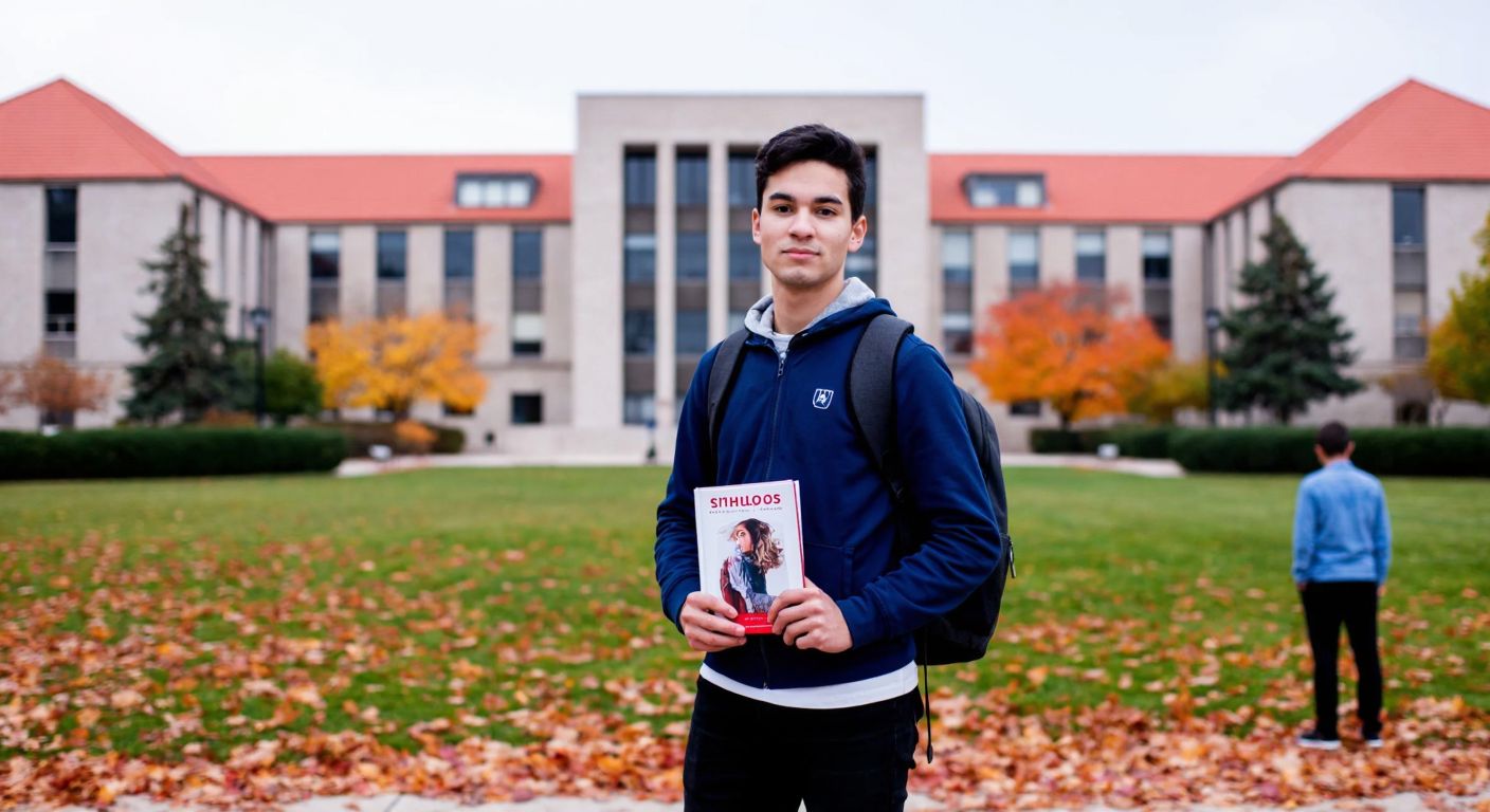 A young student with a backpack stands confidently in front of ODTÜ's iconic red-roofed buildings, holding a psychology textbook while surrounded by autumn leaves.