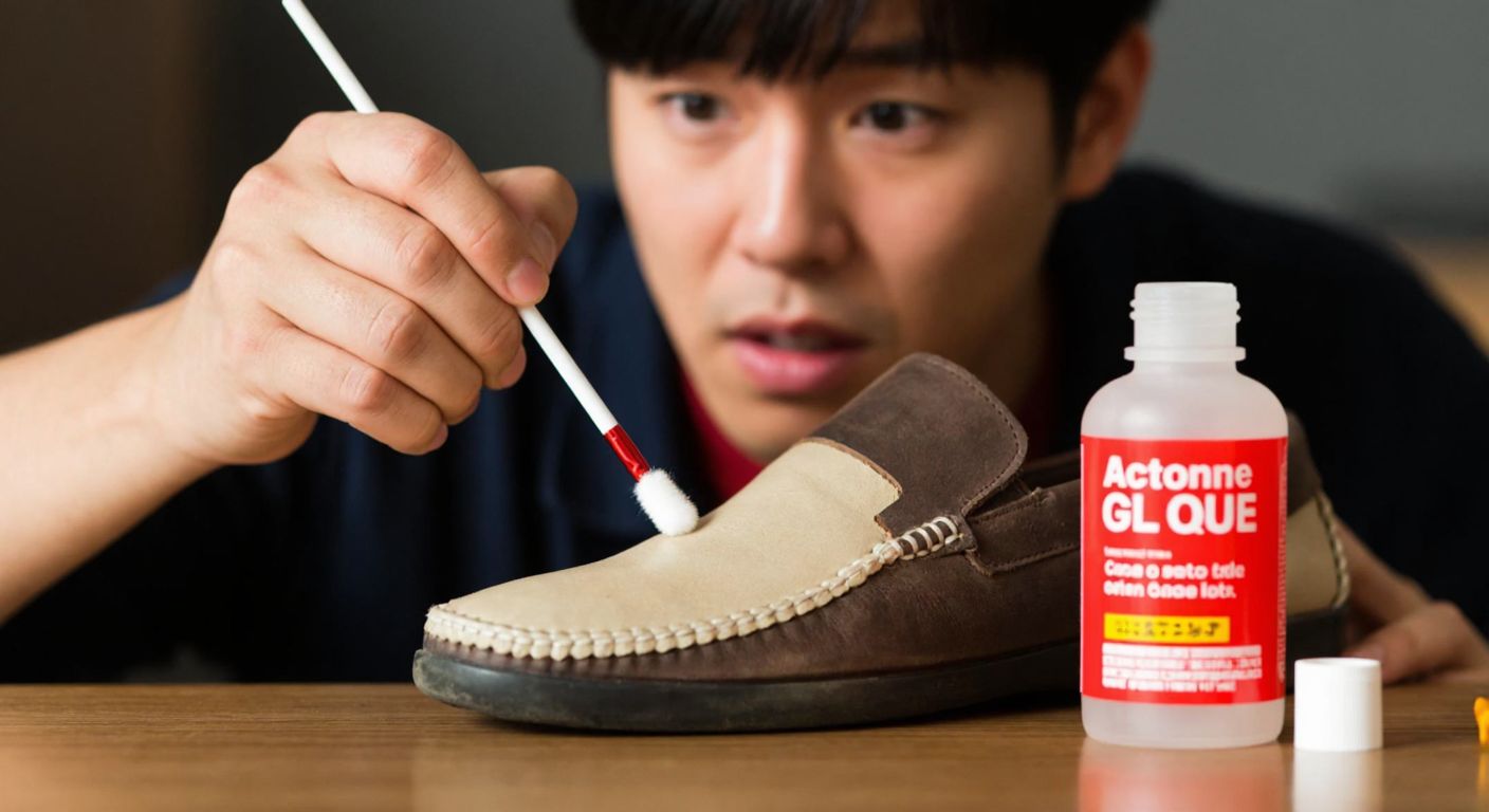A close-up of a hand carefully applying acetone with a cotton swab to a shoe's sole where Japanese glue is visible, with a bottle of acetone and a worried yet focused expression on the person's face.
