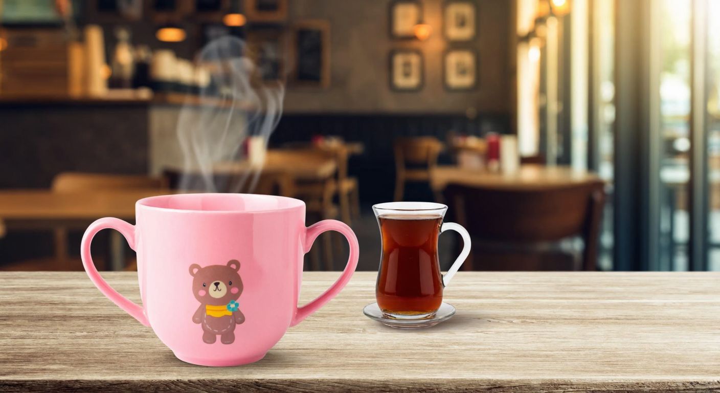 A cheerful pink ceramic cup with a cute bear illustration, placed on a rustic wooden table in a cozy Turkish café, with steam rising from freshly brewed çay inside.