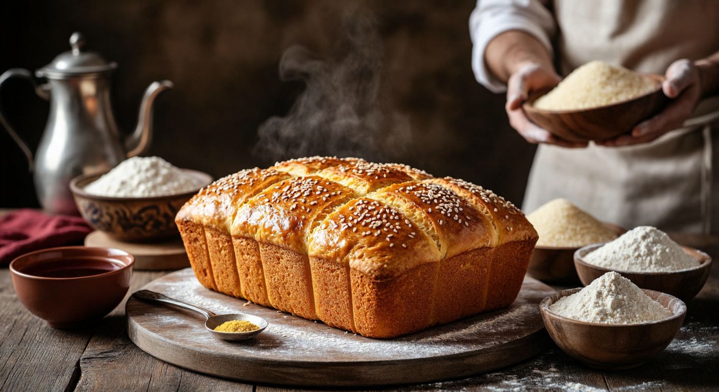 A warm, golden-brown cornbread loaf rests on a rustic wooden table, its crust sprinkled with sesame seeds, while a Turkish cook in a flour-dusted apron kneads fresh dough nearby, surrounded by bowls of coarse cornmeal and a steaming cup of tea.