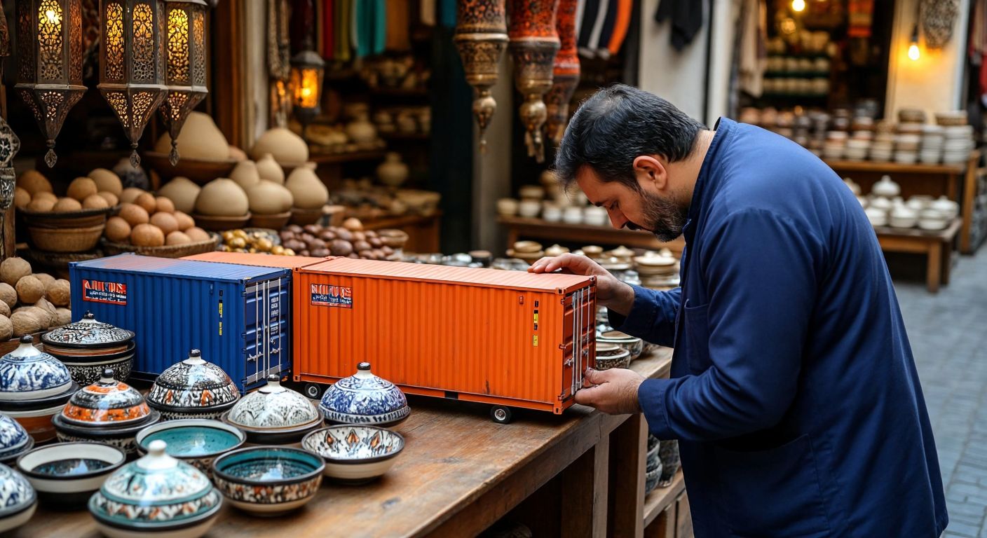 A miniature shipping container painted in vibrant colors sits on a wooden table in a Turkish bazaar, surrounded by traditional ceramic bowls and decorative lanterns, with a curious shopkeeper leaning over to examine it.
