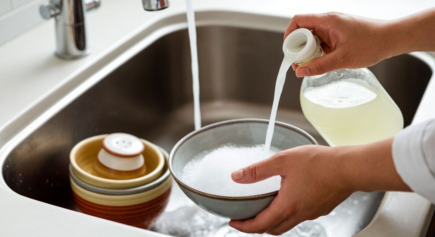 A close-up of a Turkish woman’s hands mixing foam-free dish soap with vinegar and salt in a stainless steel sink, surrounded by ceramic dishes and a glass bottle of vinegar, with warm water running in the background.