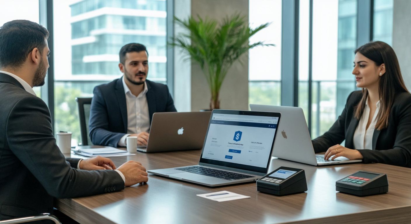 A modern Turkish office with professionals in business attire discussing financial solutions around a sleek table, featuring a laptop displaying a secure payment portal and a small POS device nearby.