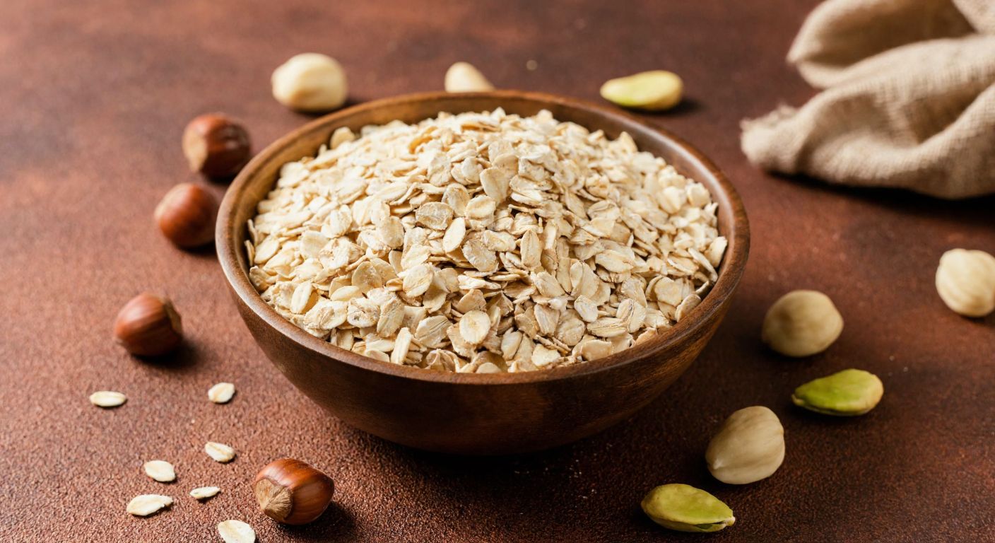 A rustic wooden bowl filled with golden-brown gluten-free oat flakes, surrounded by scattered hazelnuts, pistachios, and almonds on a warm-toned Turkish kitchen counter.