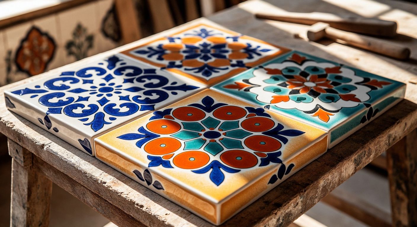 A close-up of two ceramic tiles side by side—one glossy and vibrant with intricate patterns (glazed tile) and the other matte and uniform in texture (unglazed tile)—resting on a craftsman's wooden workbench in a sunlit Turkish workshop.