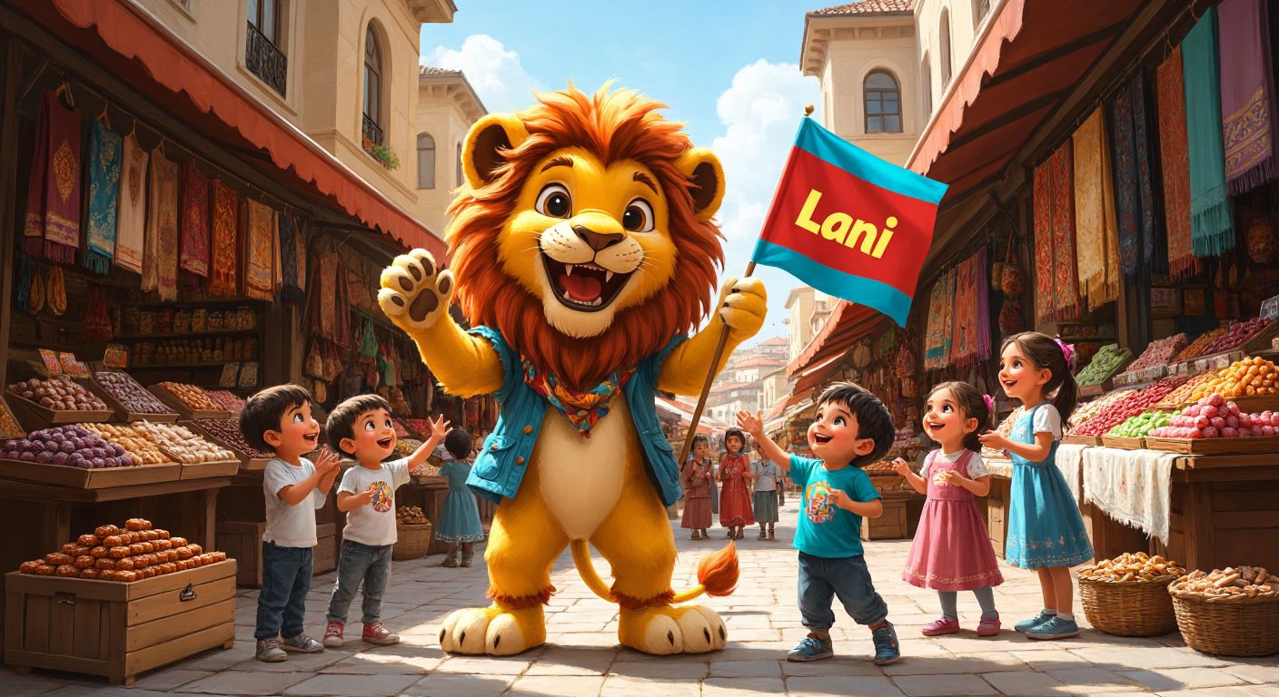 A colorful, friendly lion mascot in a vibrant Turkish bazaar, playfully engaging with smiling children and holding a branded flag, surrounded by stalls with traditional sweets and textiles.