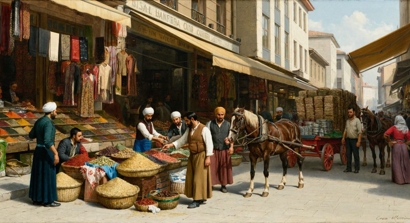 A bustling Turkish bazaar with merchants trading spices and textiles, while workers in the background efficiently load goods onto horse-drawn carts for transport.