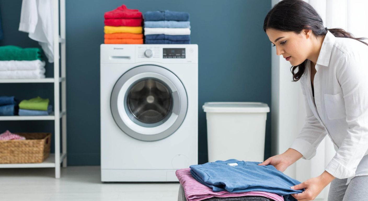 A modern white dryer in a cozy Turkish laundry room, with neatly folded clothes nearby and a person checking the timer with a curious expression.