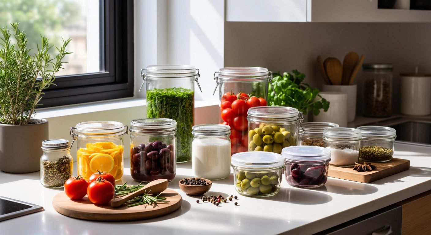 A neatly arranged kitchen counter in Turkey displays various airtight containers—glass jars with screw-on lids, plastic snap-lock boxes, and induction-sealed medicine bottles—alongside fresh ingredients like olives and spices.