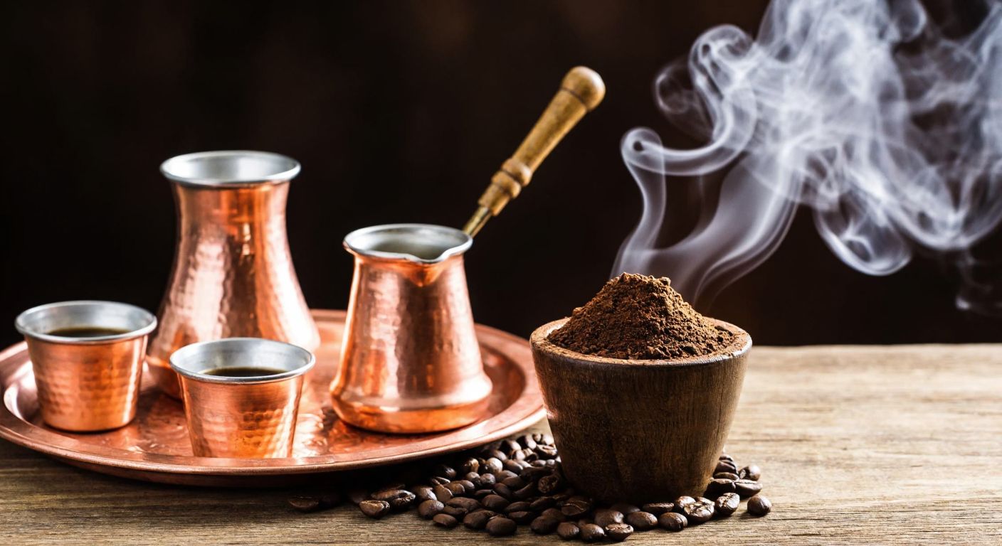 A warm, rustic Turkish coffeehouse scene with a copper tray holding a traditional *cezve* and small cups, next to a wooden *dibek* mortar filled with freshly ground coffee, surrounded by aromatic steam and a few coffee beans scattered on a wooden table.