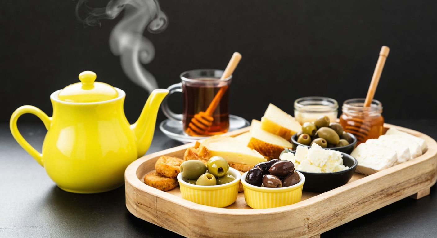 A vibrant yellow teapot steaming with freshly brewed Turkish tea sits beside a rustic wooden tray laden with traditional Turkish breakfast items like olives, cheeses, and honey.