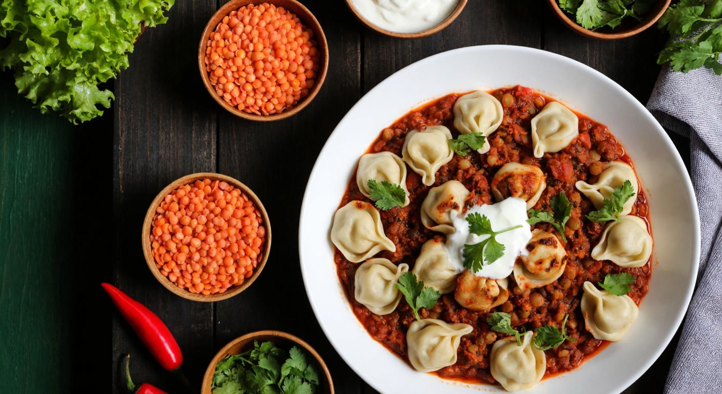 A steaming plate of lentil-filled Turkish manti, garnished with fresh herbs and yogurt, sits on a rustic wooden table surrounded by vibrant red lentils and spices in small bowls, evoking warmth and health.
