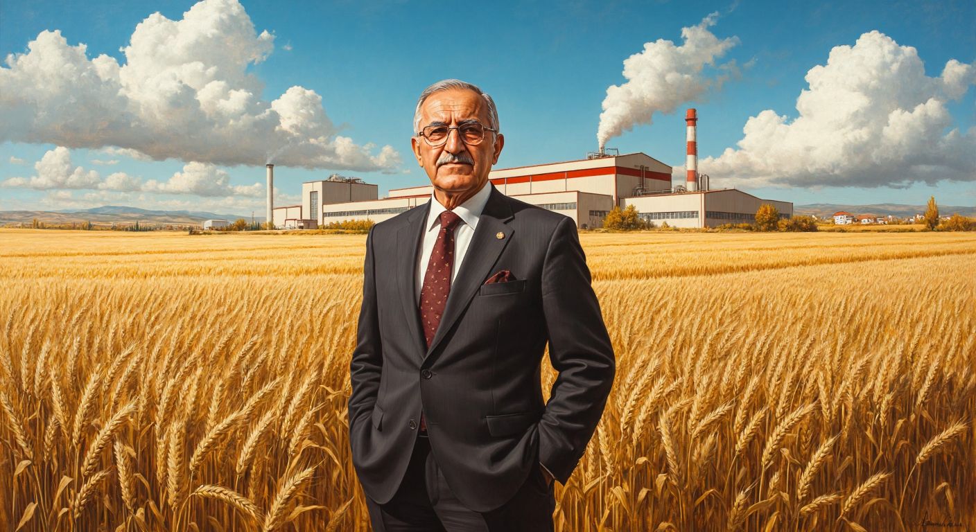 A dignified elderly Turkish man in a suit, standing proudly in front of a modern biscuit factory in Eskişehir, with golden wheat fields stretching behind him.