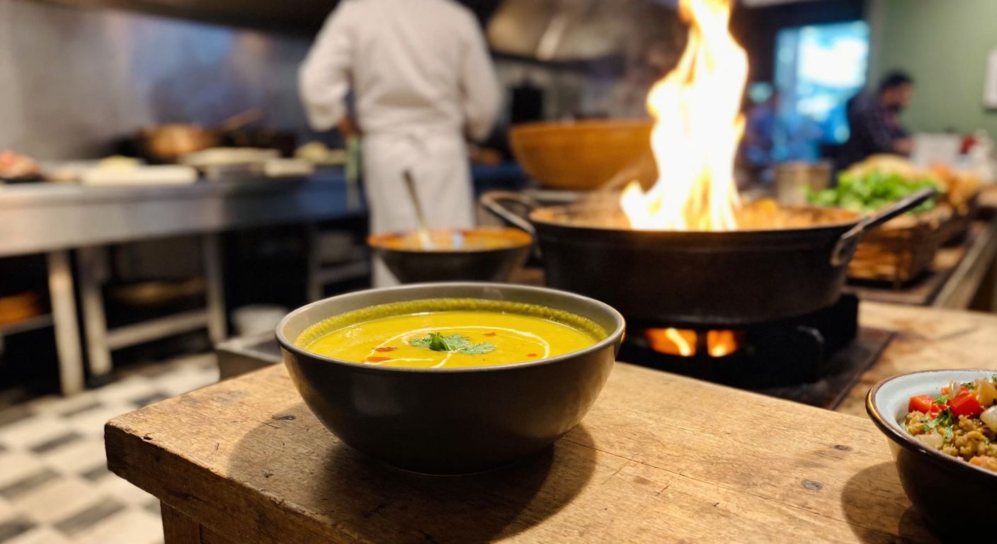 A steaming bowl of smooth yellow lentil soup sits on a rustic wooden table in a bustling Turkish restaurant, with a chef in the background stirring a large pot over a flame.