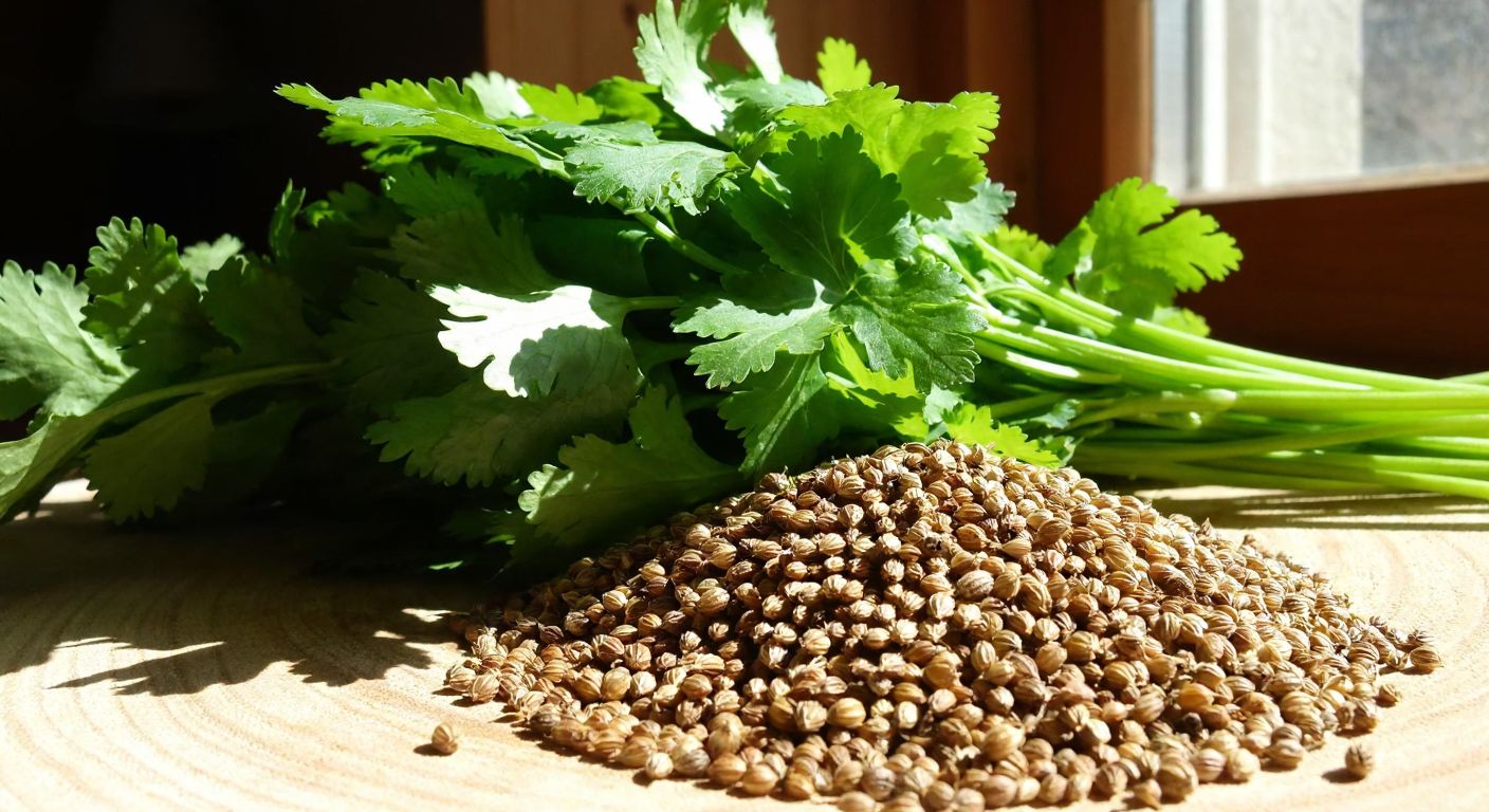 A close-up of vibrant green cilantro leaves (kinzi) next to dried coriander seeds (kişniş) on a rustic wooden table in a Turkish kitchen, with sunlight streaming through a window.