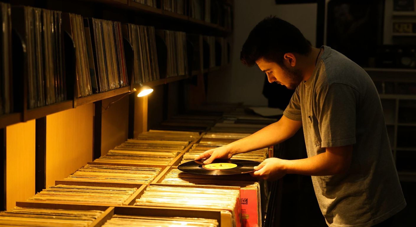 A person in a dimly lit vintage record store in Turkey carefully inspecting a vinyl record for scratches and warping, with shelves of old records and warm lighting casting shadows.