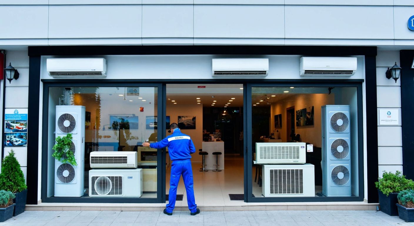 A modern storefront in Ankara’s Çankaya district, displaying sleek air conditioning units from brands like Mitsubishi and Samsung, with a technician in a blue uniform performing maintenance.
