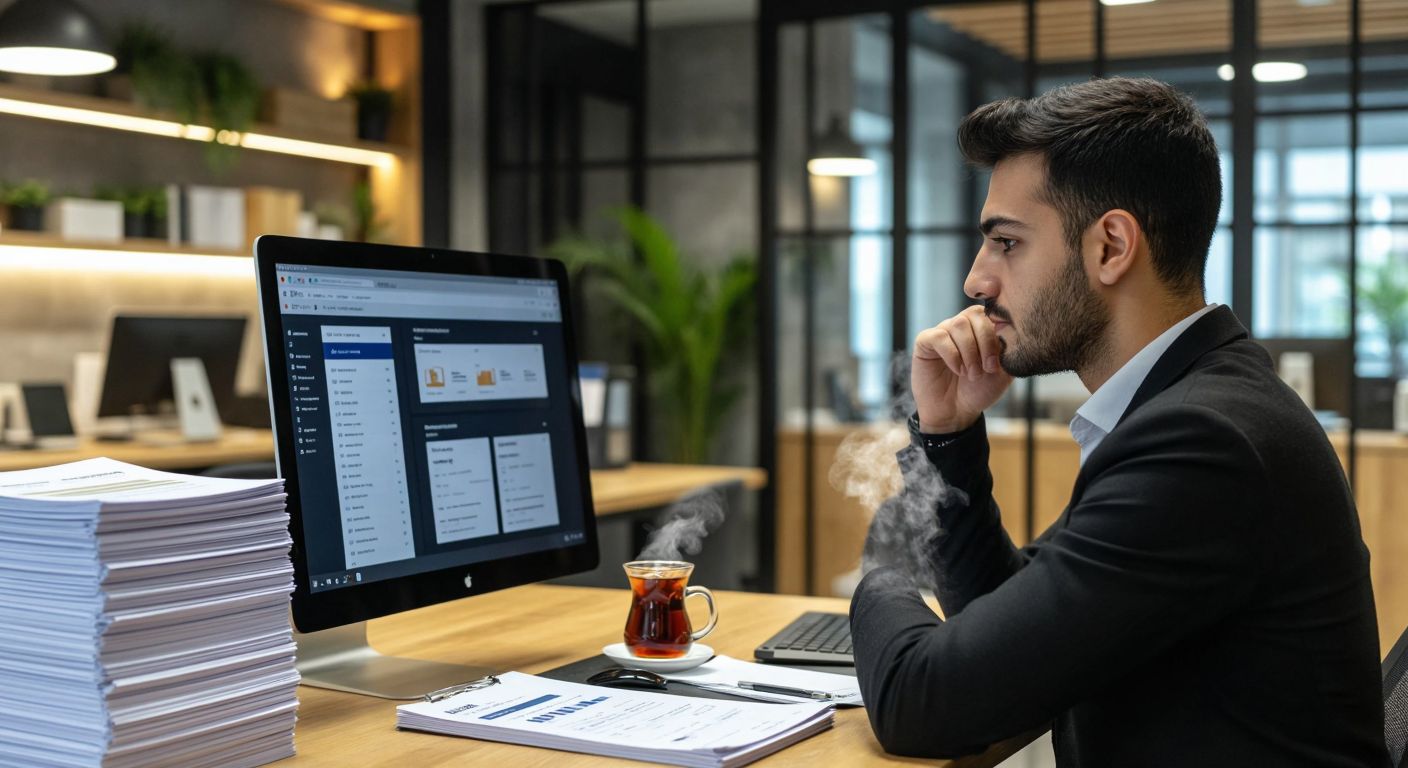 A Turkish business owner in a modern office, focused on a computer screen displaying an e-commerce dashboard, with a stack of printed invoices nearby and a steaming cup of Turkish tea on the desk.