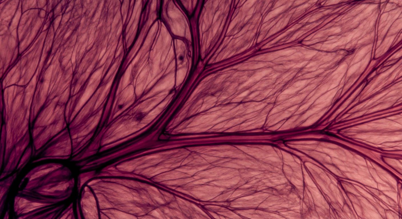 A magnified, translucent human tissue with delicate branching blood vessels and connective fibers, subtly contrasting with denser functional cells nearby.