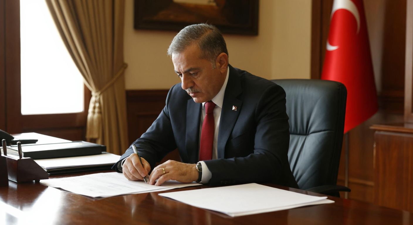 A solemn Turkish government official in a formal suit reviews documents at a wooden desk in an austere office, symbolizing bureaucratic oversight and financial accountability.