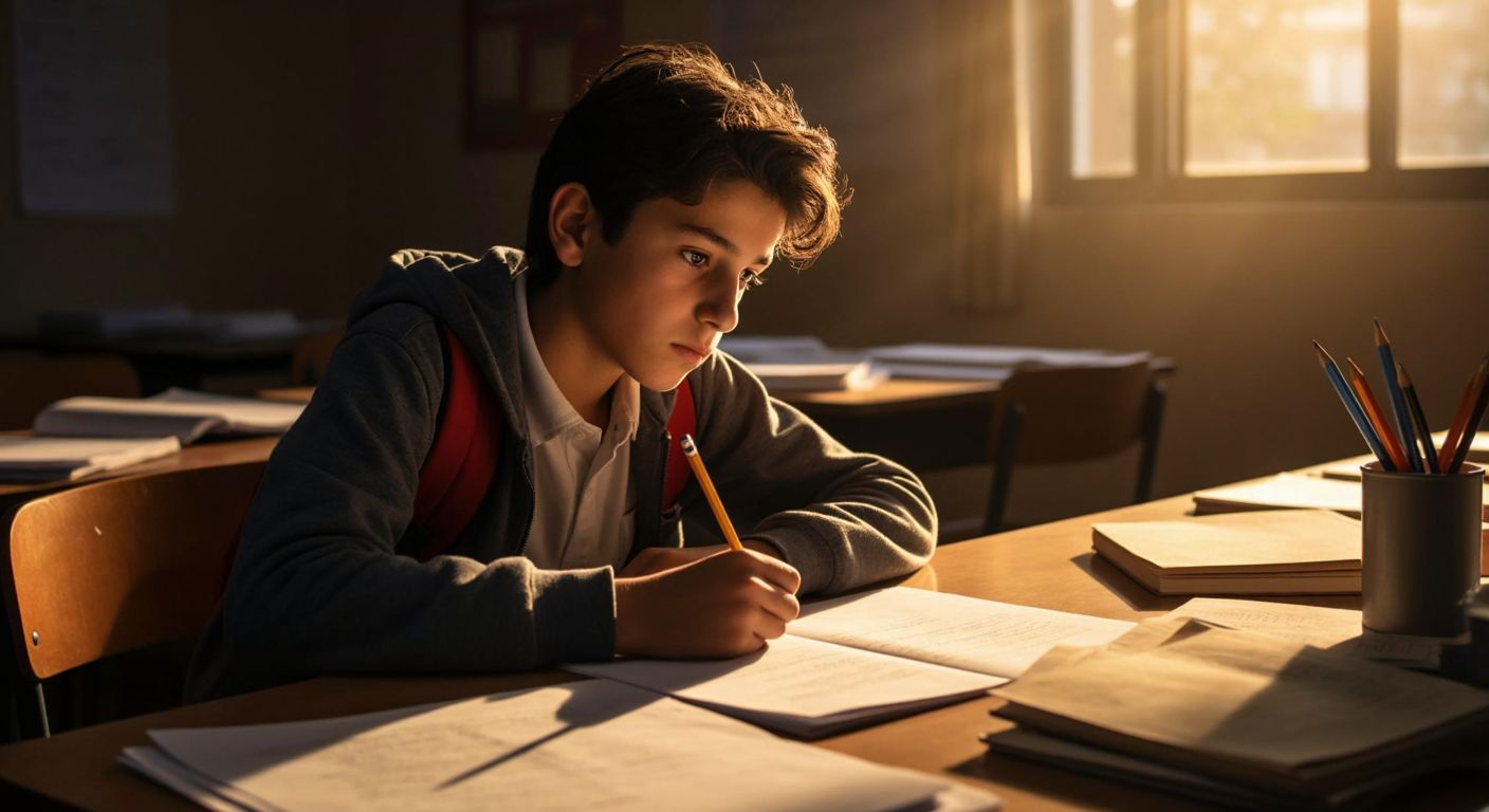 A focused Turkish middle school student sitting at a wooden desk, surrounded by scattered test papers and a pencil, looking determined while solving a practice exam under warm classroom lighting.