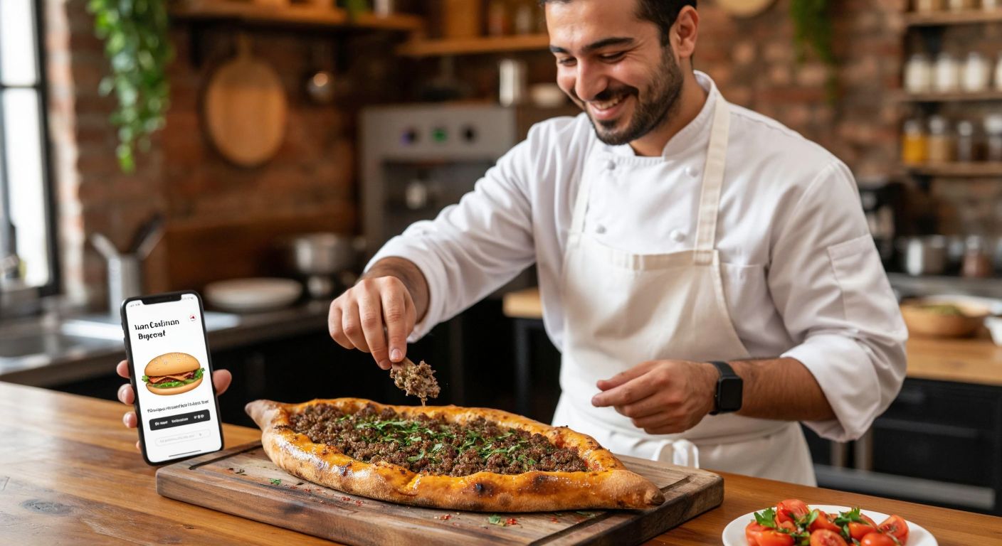 A smiling Turkish chef in a white apron places a freshly baked, golden-brown pide topped with minced meat and herbs onto a wooden table, while a hand holding a smartphone with a food delivery app open hovers nearby.