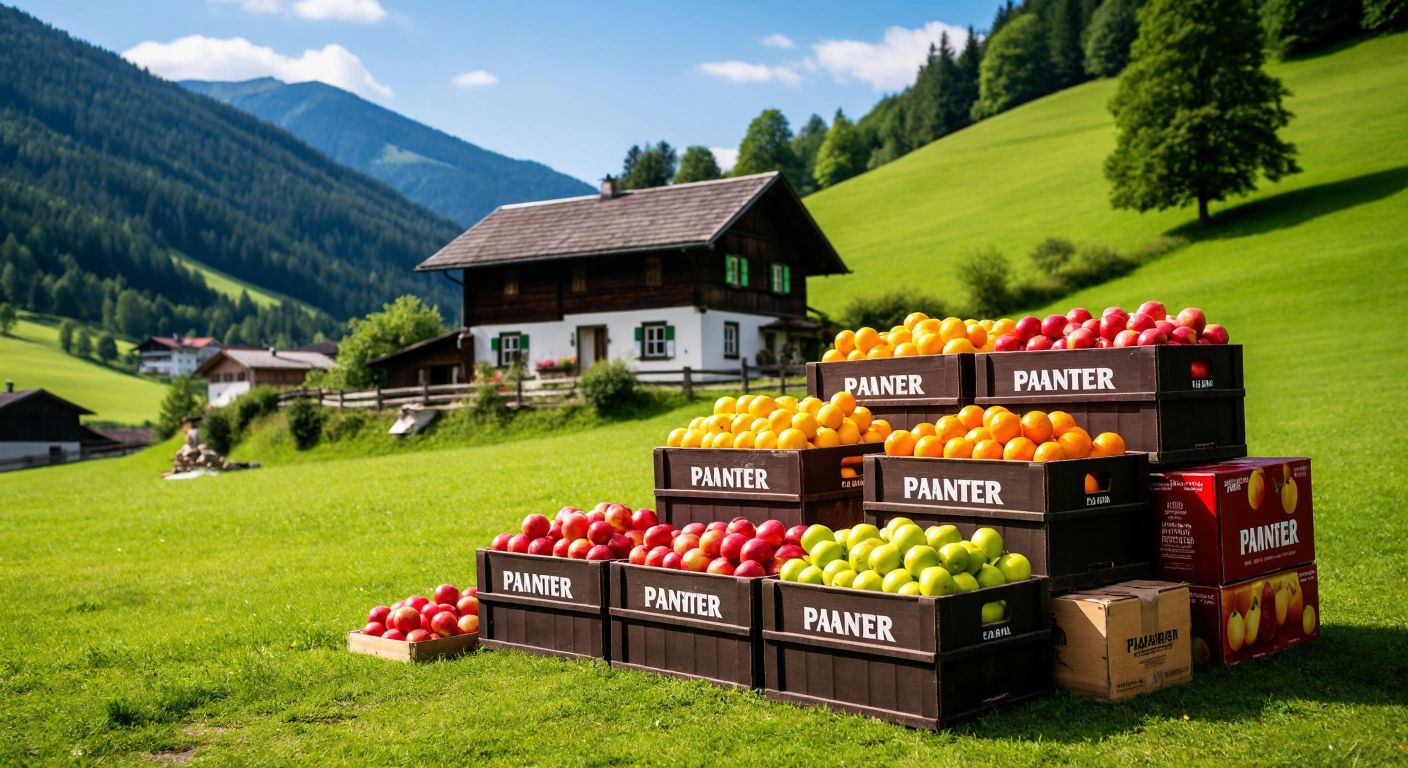 A rustic Austrian countryside scene with rolling green hills, a traditional wooden farmhouse, and crates of colorful fruit juices labeled "Pfanner" stacked outside.