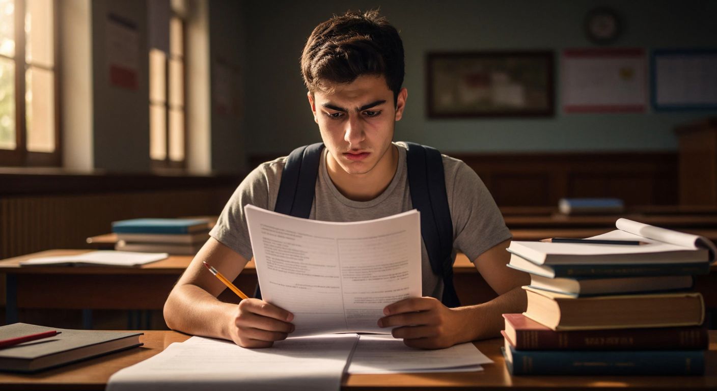 A young Turkish student in a classroom, frowning slightly while reading a long exam paper, with a pencil in hand and a stack of books nearby, conveying focused frustration.