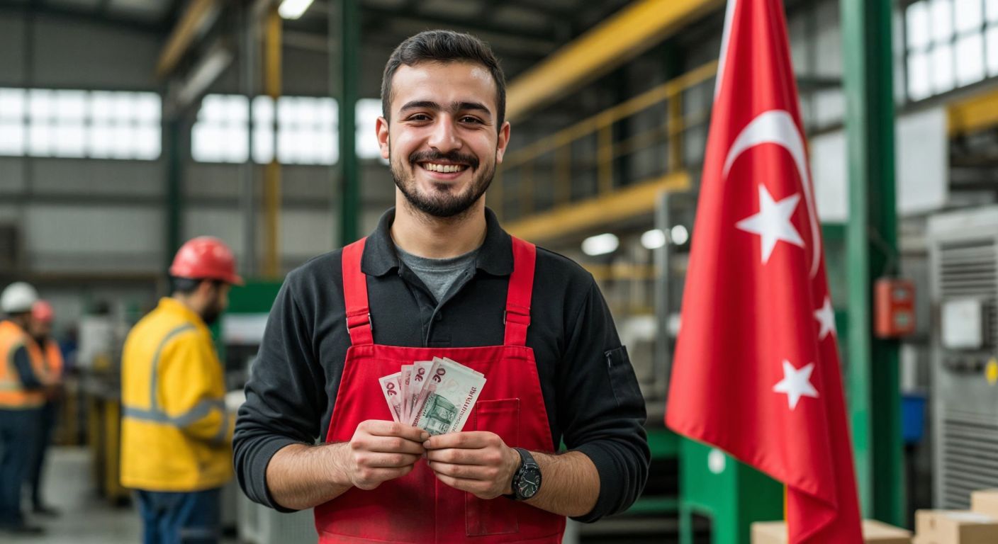 A smiling Turkish worker in a factory uniform holds a small stack of lira banknotes while standing near a festive red-and-white flag, symbolizing holiday pay calculations.