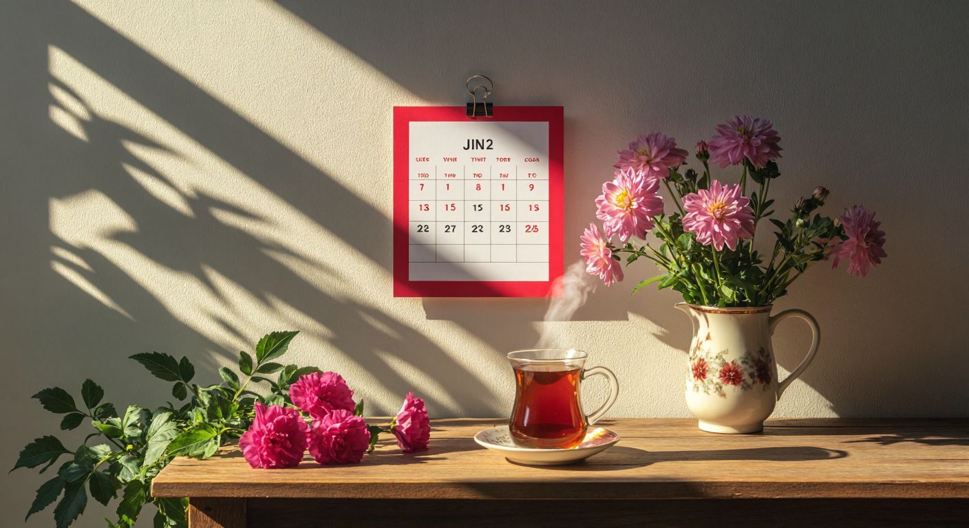 A sunlit wall calendar with a red circle around June 13, surrounded by blooming summer flowers and a steaming cup of Turkish tea on a wooden table.
