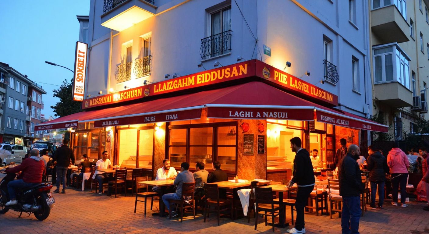 A bustling Istanbul street scene with two small, warmly lit pide and lahmacun restaurants—one in Güngören with a red awning and the other in Esenyurt with a blue facade—surrounded by hungry locals and the aroma of freshly baked dough and spiced meat.