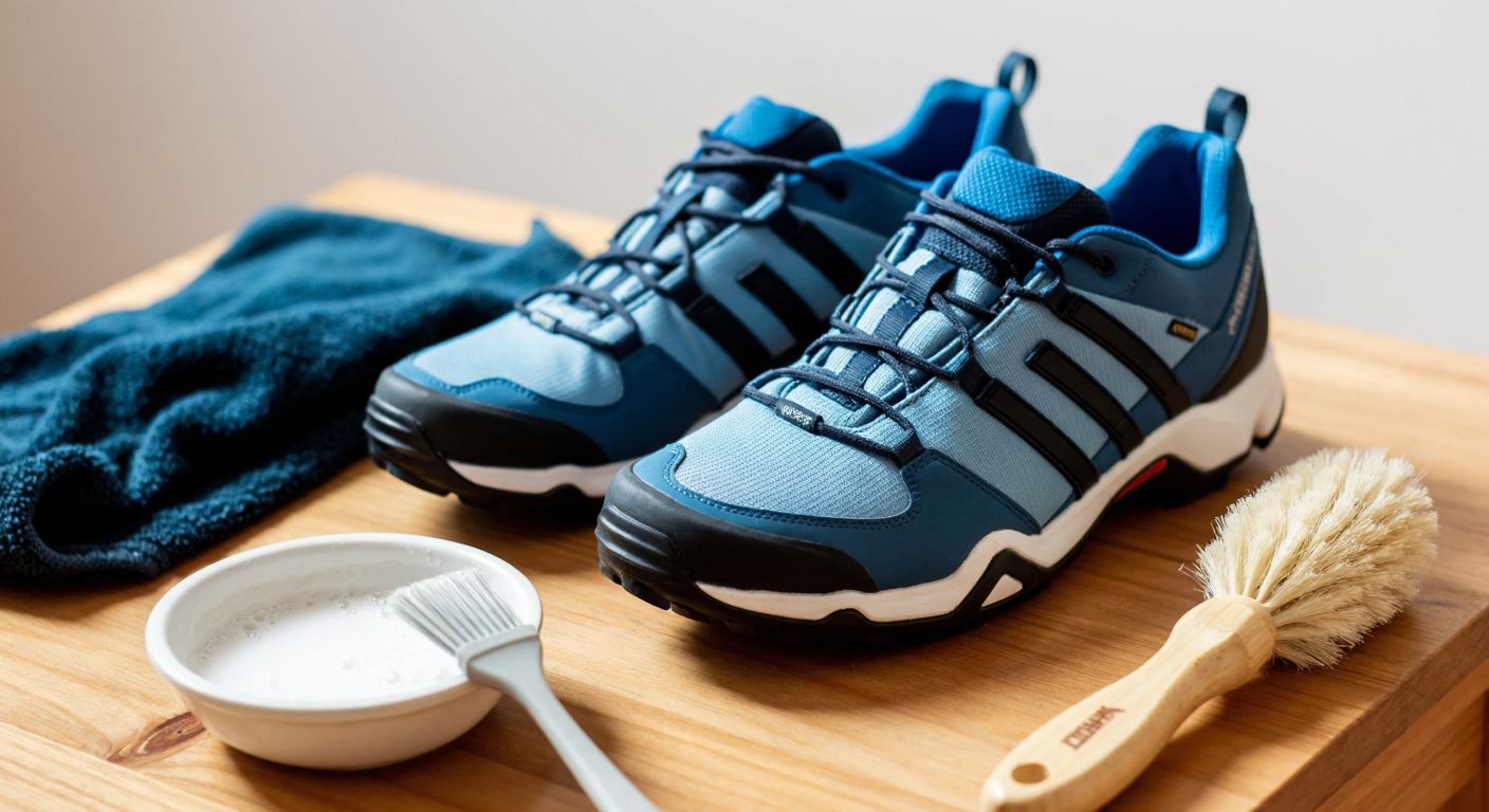A pair of blue-gray Adidas Terrax Swift sneakers placed on a wooden table, with a soft brush, a bowl of soapy water, and a damp cloth nearby, under warm indoor lighting.