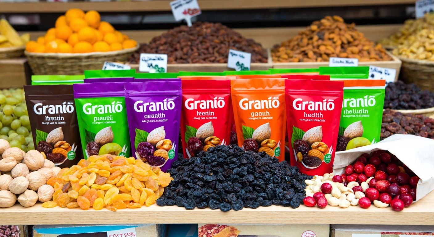 A colorful display of Granio-branded healthy snack packages arranged neatly on a wooden table in a Turkish market, with fresh nuts and dried fruits spilling out of an open bag.
