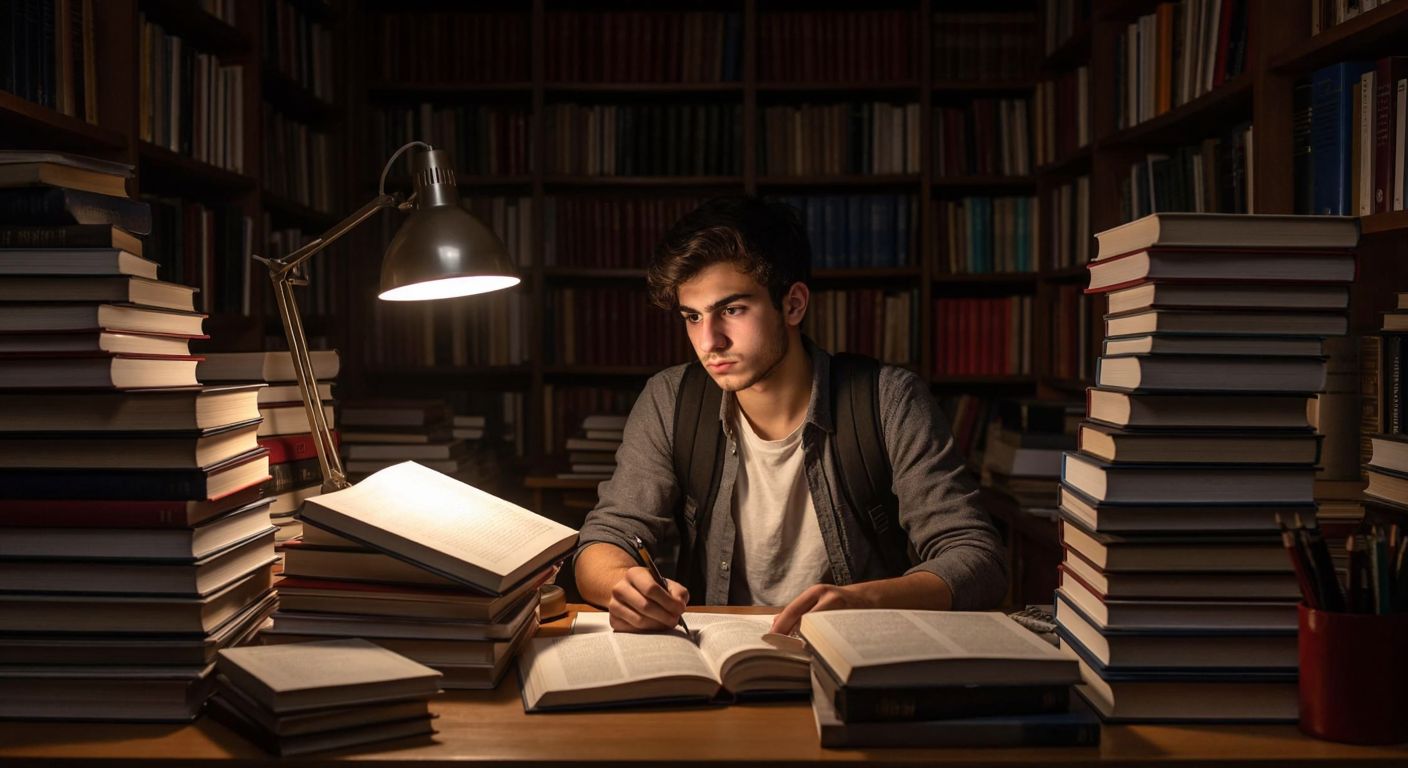 A young Turkish student sits at a wooden desk, surrounded by towering stacks of law and economics textbooks, their face illuminated by a warm lamp as they diligently solve practice problems with a focused expression.