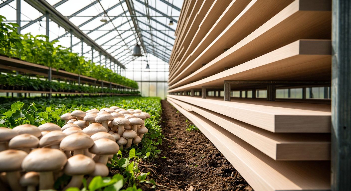 A lush greenhouse filled with rows of fresh mushrooms under soft light, alongside a stack of sleek, modern laminate panels for exterior cladding.