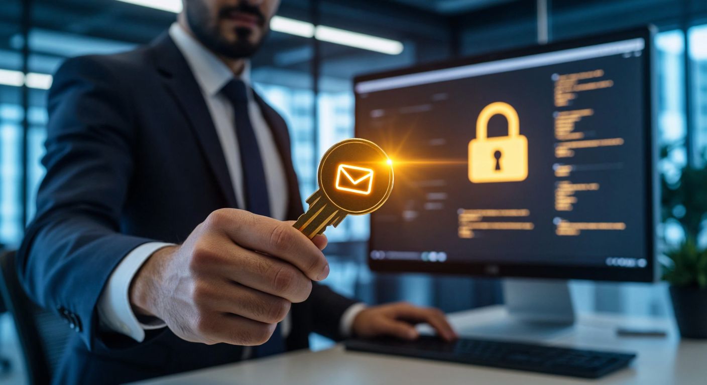 A Turkish businessperson in a sleek office holds a glowing golden key labeled with an email symbol, symbolizing security and control, while a digital lock on a computer screen clicks open in the background.