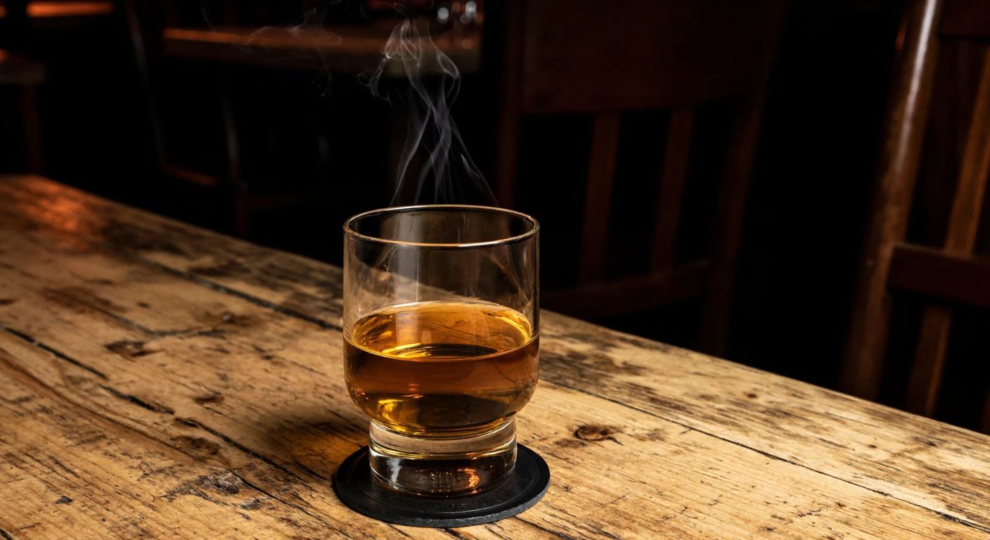 A golden-hued glass of Scotch whisky rests on a rustic wooden table in a dimly lit Scottish pub, with a faint smoky aroma rising from the drink.