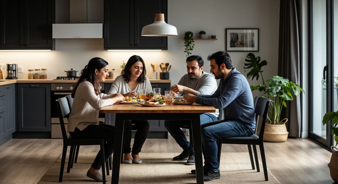 A modern kitchen with a sturdy IKEA dining table surrounded by happy Turkish family members enjoying a meal, while one person examines a slightly chipped edge of the table with a thoughtful expression.