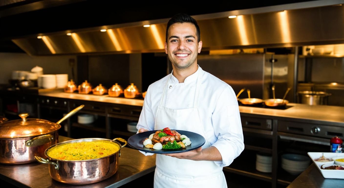 A smiling chef in a white apron stands proudly in a modern Turkish restaurant kitchen, holding a plate of beautifully presented local cuisine, with warm lighting reflecting off polished copper pots.