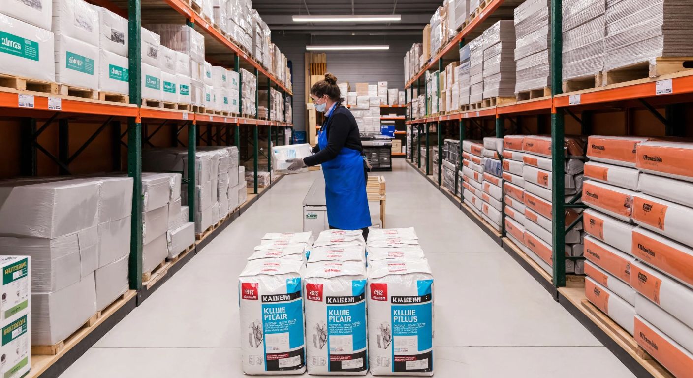A well-lit Koçtaş store aisle with neatly stacked bags of Kalekim Fayser Plus tile adhesive, a worker in a blue apron assisting a customer, and shelves filled with construction materials in the background.