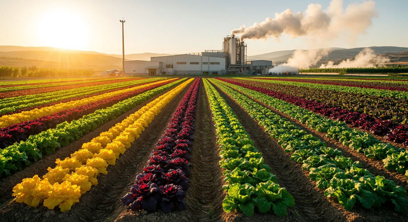 A sunlit field in Turkey with rows of vibrant vegetable crops next to a modern food processing factory emitting steam, symbolizing both agricultural and industrial food production.