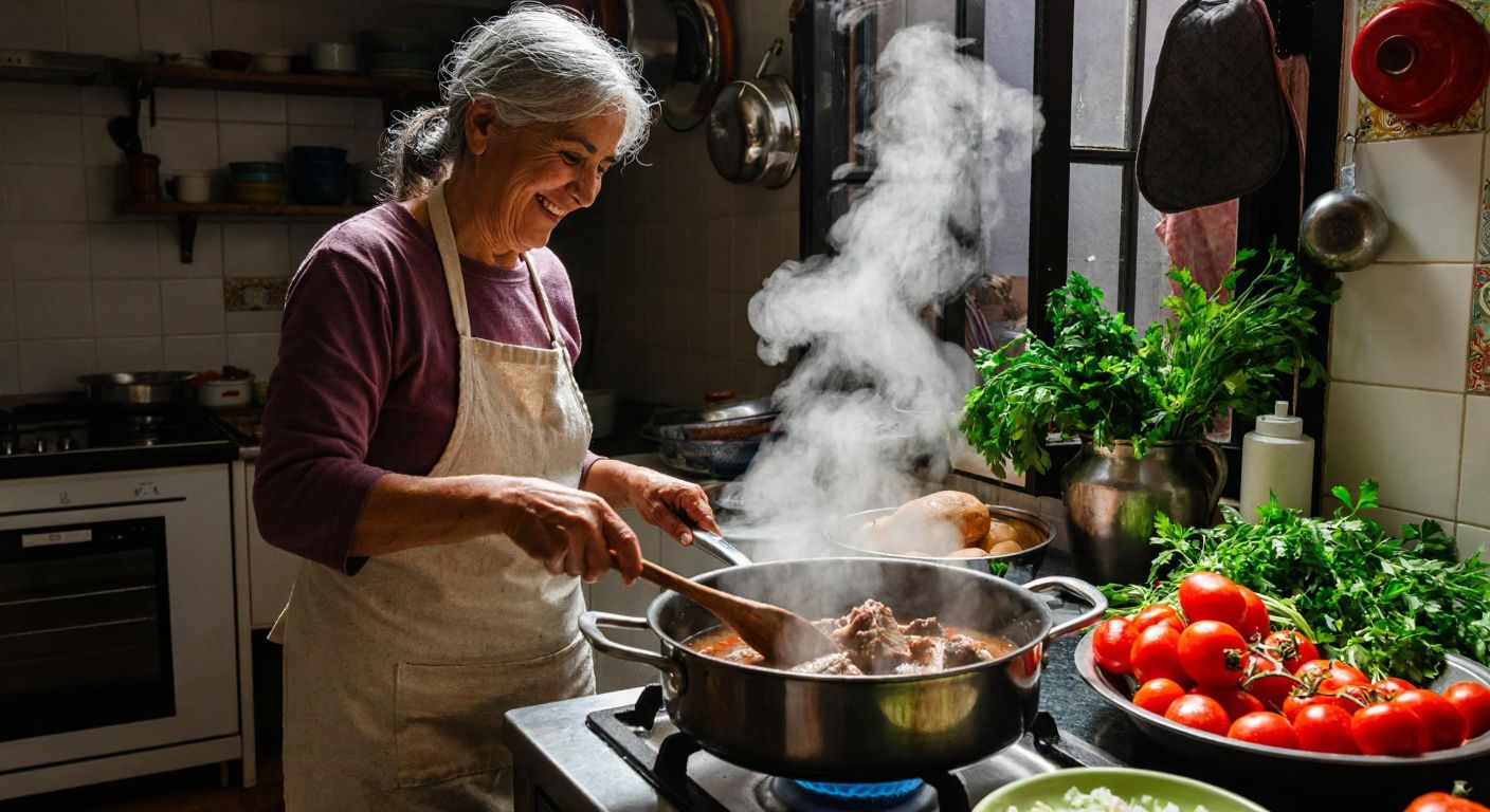 A steaming pot of tender boiled beef neck sits on a stove in a Turkish kitchen, surrounded by fresh herbs and vegetables, with a smiling elderly woman in an apron stirring it lovingly.