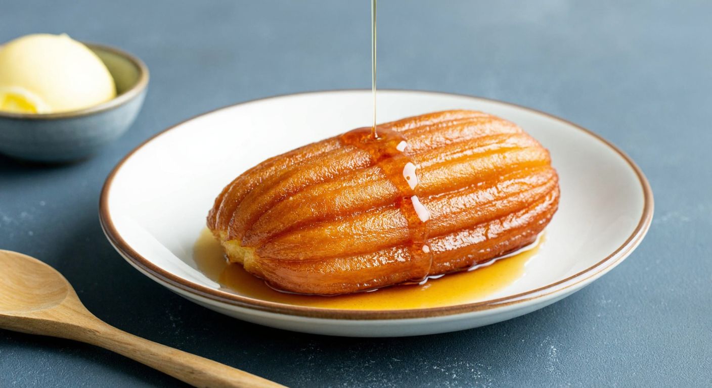 A golden-brown tulumba dessert drizzled with syrup sits on a ceramic plate, with a small bowl of melted butter and a wooden spoon nearby, evoking warmth and tradition in a Turkish kitchen.