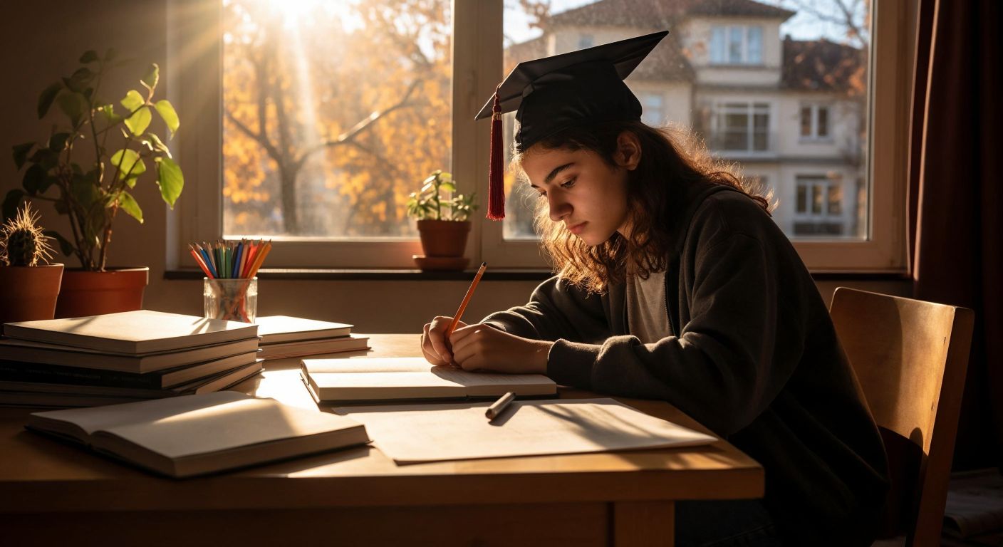 A focused Turkish teenager studies at a wooden desk with stacked textbooks, a notebook, and a pencil, while sunlight streams through a window onto a motivational poster of a graduation cap.
