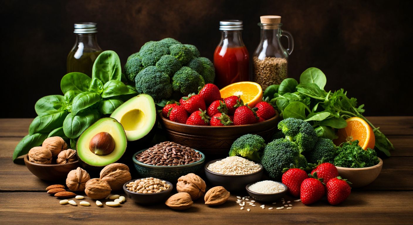 A vibrant Turkish kitchen table laden with fresh avocados, walnuts, almonds, flaxseeds, whole grains, broccoli, spinach, oranges, strawberries, soy products, and dark leafy greens, evoking a sense of nourishment and wellness.