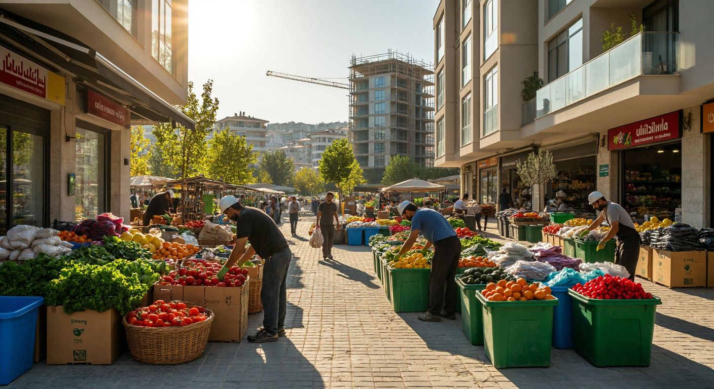 A vibrant Turkish marketplace with fresh produce in reusable baskets, workers sorting colorful textiles and plastics into recycling bins, and a sunlit backdrop of modern eco-friendly buildings under construction.