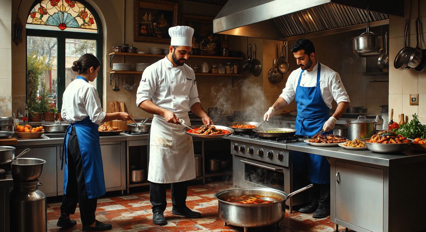 A bustling Turkish kitchen scene with a chef in a white half-apron stirring a sizzling dish, a waiter in a crisp black half-apron balancing a tray of çay, and a cleaner in a blue half-apron mopping the floor, all exuding professionalism and focus.
