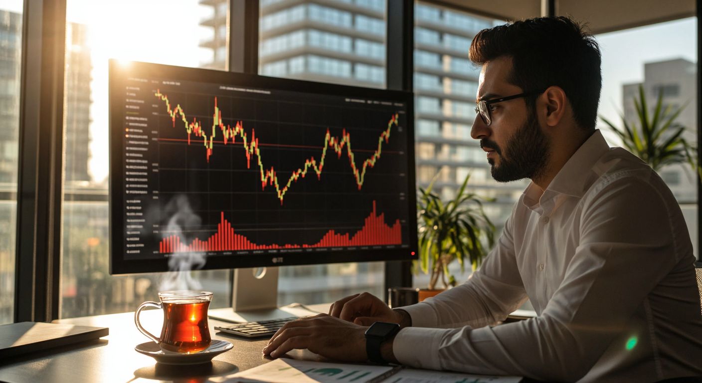 A Turkish financial analyst in a modern office intensely studies a stock market graph on a large screen, with a V-shaped dip forming on the chart, while sunlight streams through the window onto a steaming cup of Turkish tea.